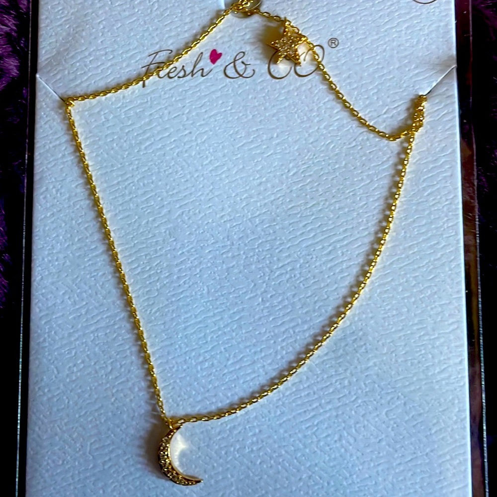 ✨✨FRESH&CO GOLD DIPPED CUBIC ZIRCONIA MOON 🌙 AND STAR ⭐️ NECKLACE!! NEW